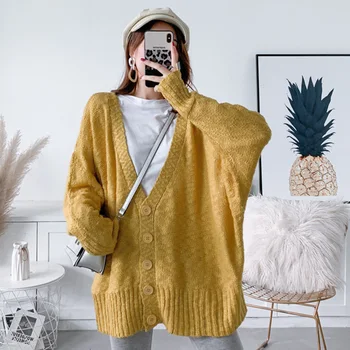 

LANMREM V-neck Single-breasted Solid Color Knit Cardigan Women 2020 Spring New Loose Leisure Mid-length Thin Sweater PC450