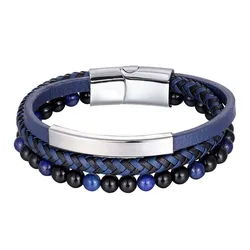 Bohemian Charm Leather & Beaded Chakra Bracelet - 22.5cm (Silver - blue)