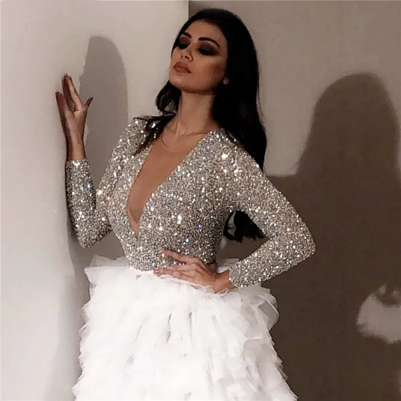 Dubai V-Neck White Luxury Sexy A-Line Evening Dresses Long Sleeves Sequined Tiered Sweep Train Prom Gown - Цвет: Белый