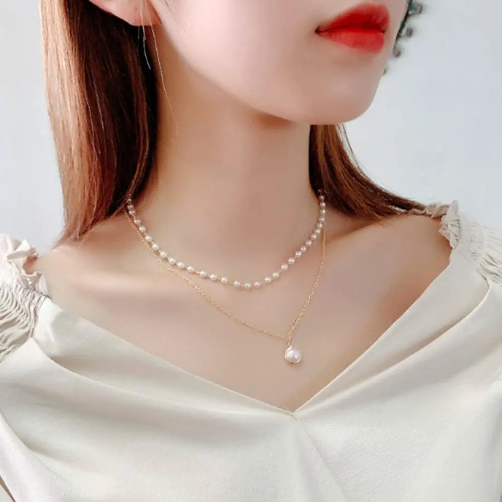 

Double Pearl Pendant Necklace Trendy All-match Style Simple Clavicle Chain Gold Clavicle Chain Accessories Fashion Party Jewelry