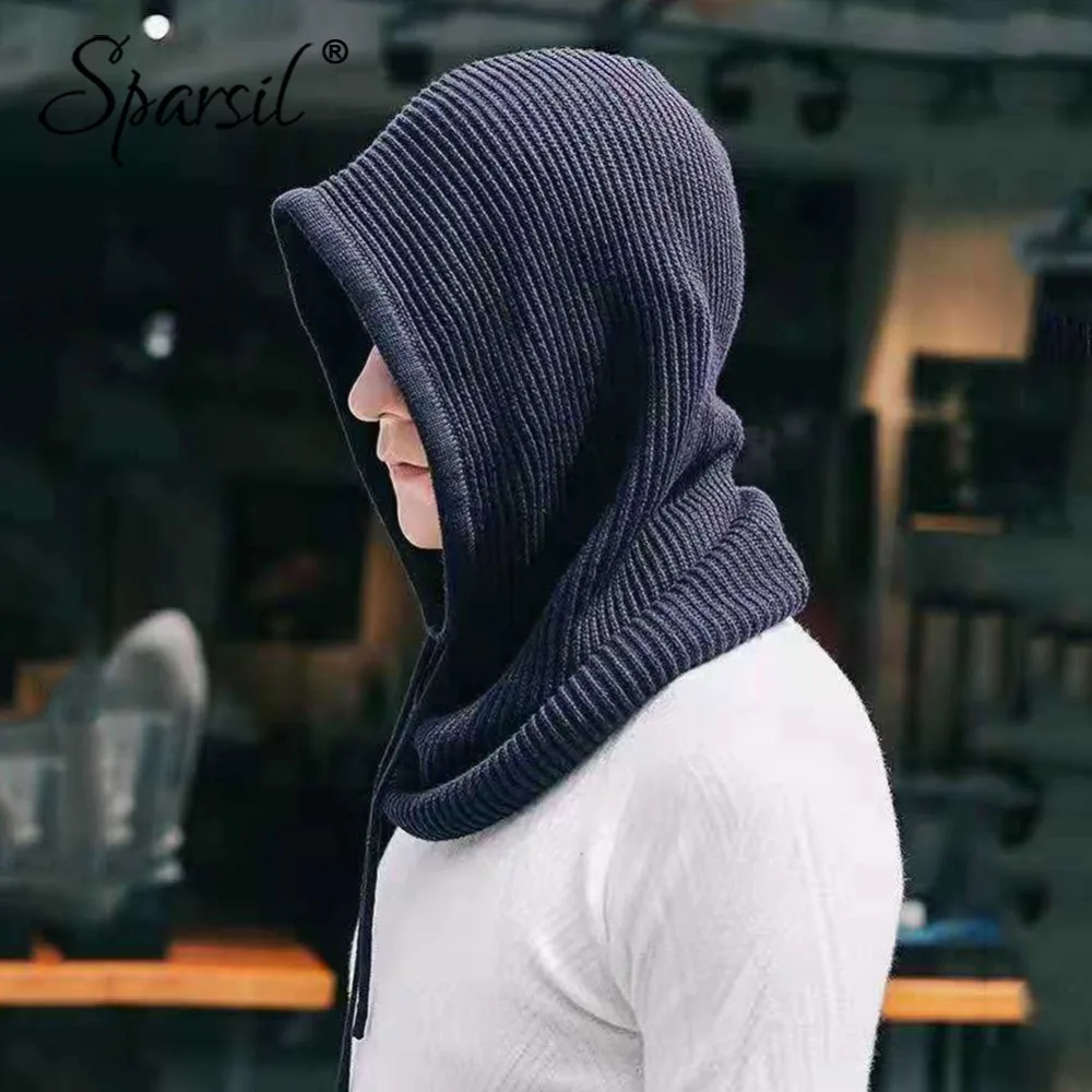 Baratos Sparsil hombres mujeres Cachemira tejido sombrero bufanda con capucha Collar elástico cordón invierno todo fósforo adulto adolescente grueso suave cuello calentador