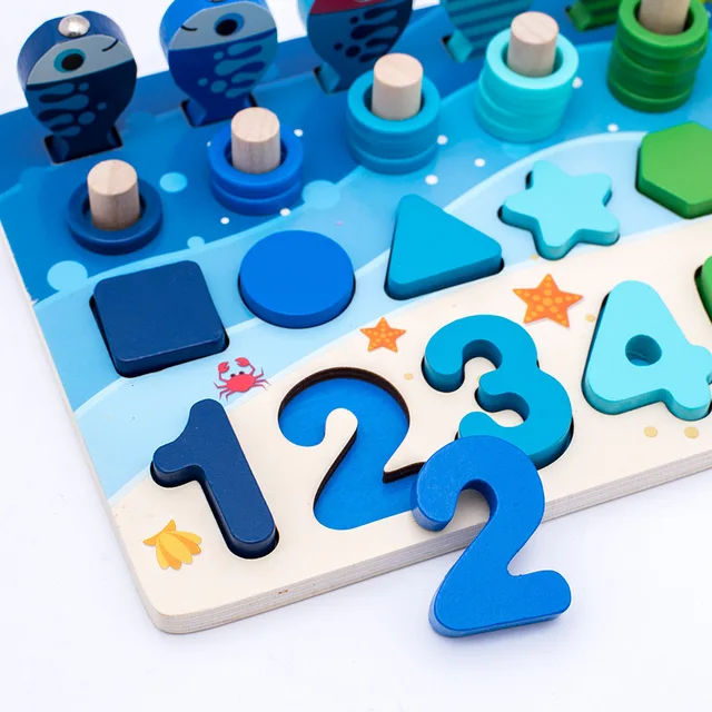 Baby Montessori Jigsaw Puzzle Wooden Toys Educational 4 in 1 Digital Shape Cognition Fishing Math Toys for Children Gifts 5