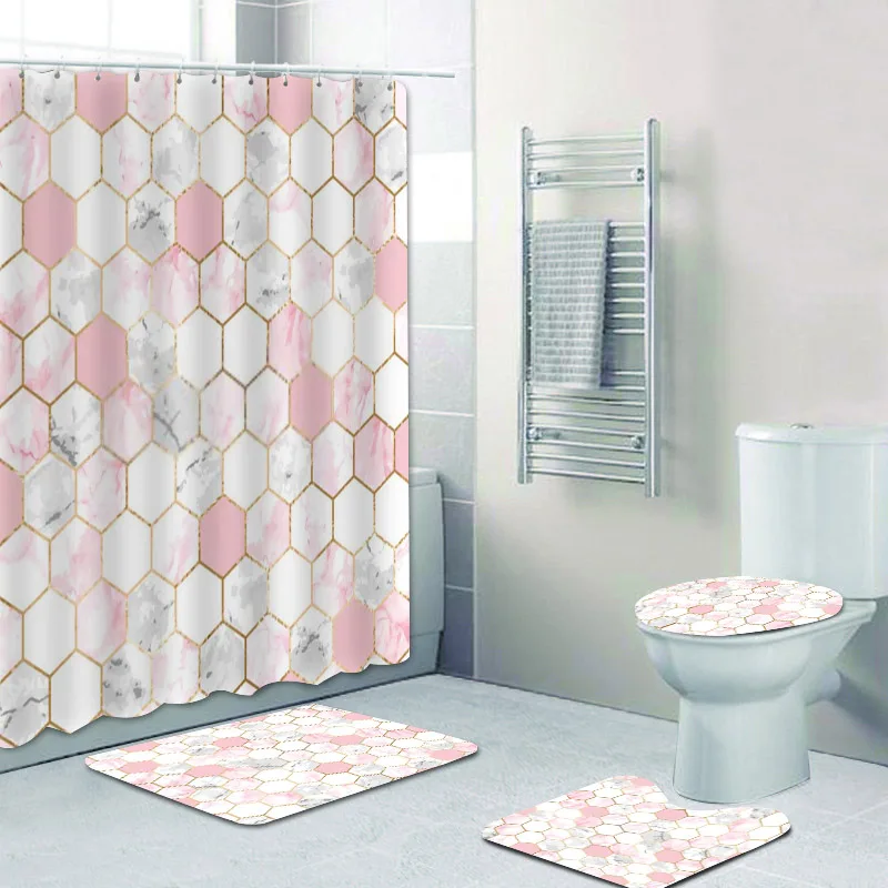 4pcs Rose Gold Pink And Gray Marble Shower Curtain Set For Bathroom Curtains Geometric Hexagon