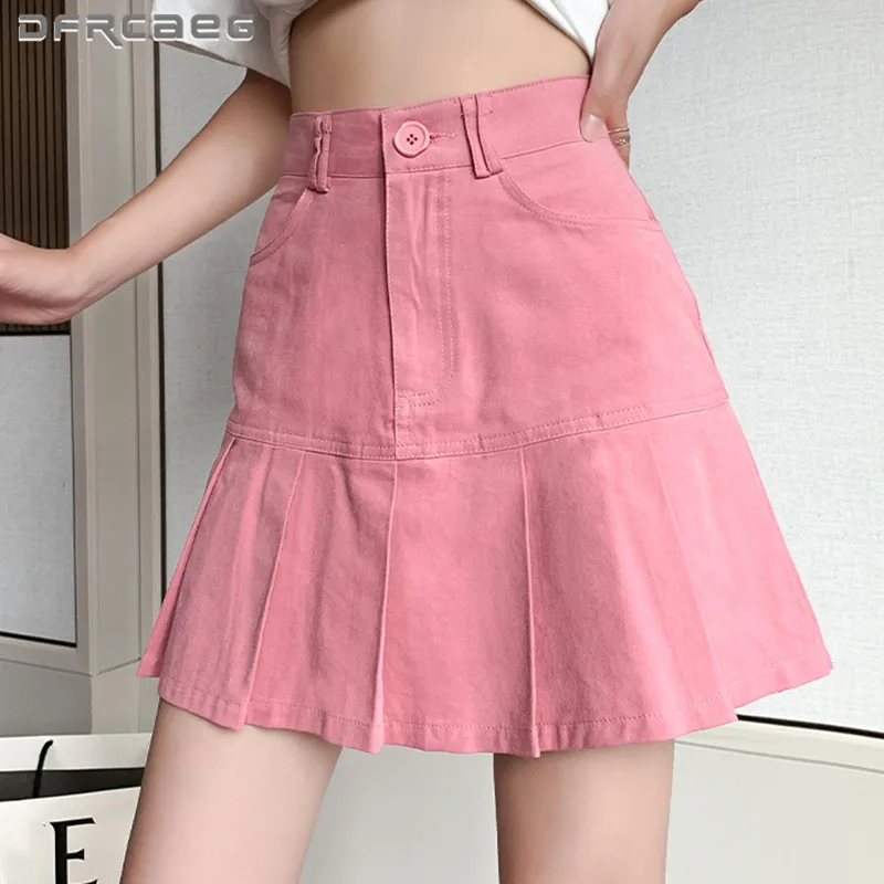 

Pink High Waist Summer Mini Denim Skirts Women 2021Preppy Style Cute Kawaii Short Jean Pleated Skirt Femme Saia Faldas