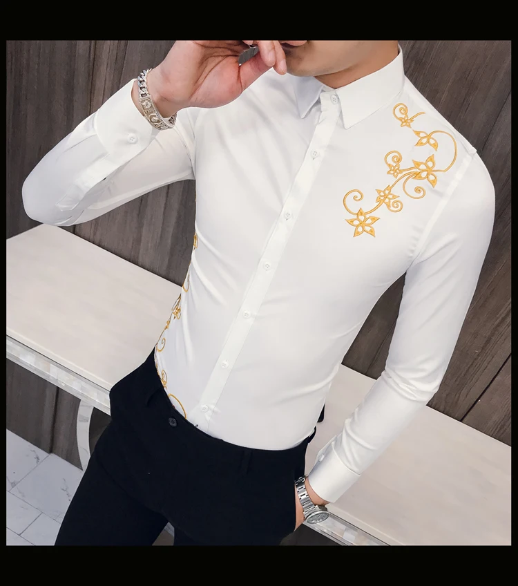 Новая Корейская вышитая рубашка мужская Kemeja Pria Slim Fit рубашка с длинными рукавами Мужская рубашка для выпускного вечера для клуба Camisa Masculina Весна