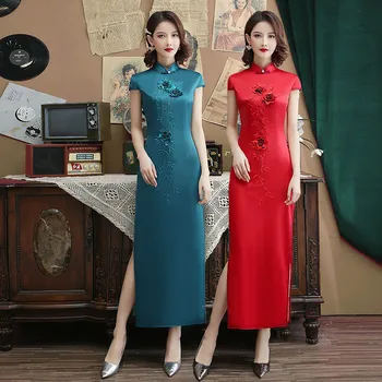 

New Arrival Vintage Print Flower Rayon Cheongsam Bride Wedding Dress Gown Mandarin Collar Autumn Sexy Long Elegant Qipao