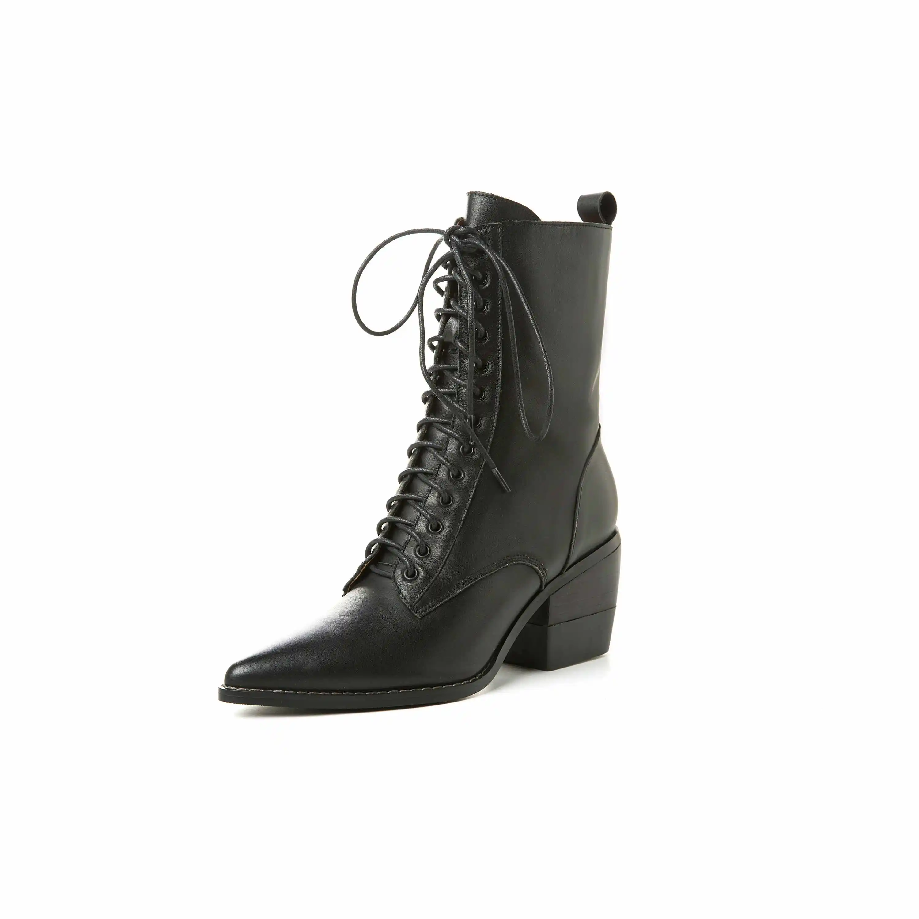 krazing pot hot superstar vintage cow leather boots pointed toe high heels lace up zip women winter fashion mid-calf boots L18
