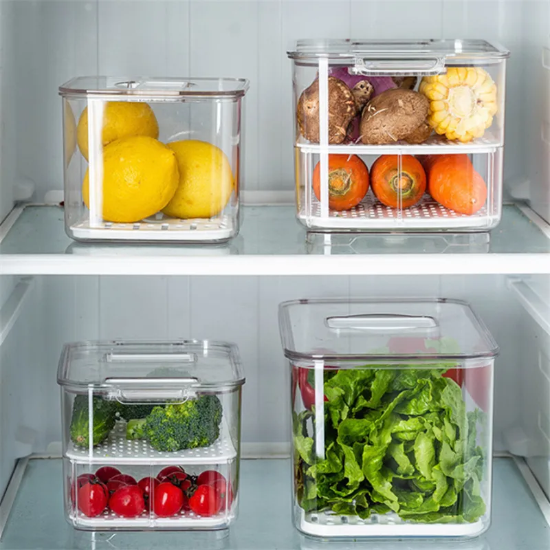 Refrigerator Food Containers With Lid Fridge Cabinet Freezer Home Sealed  Vegetable Fruit Draining Storage Box Kitchen Organizer - AliExpress