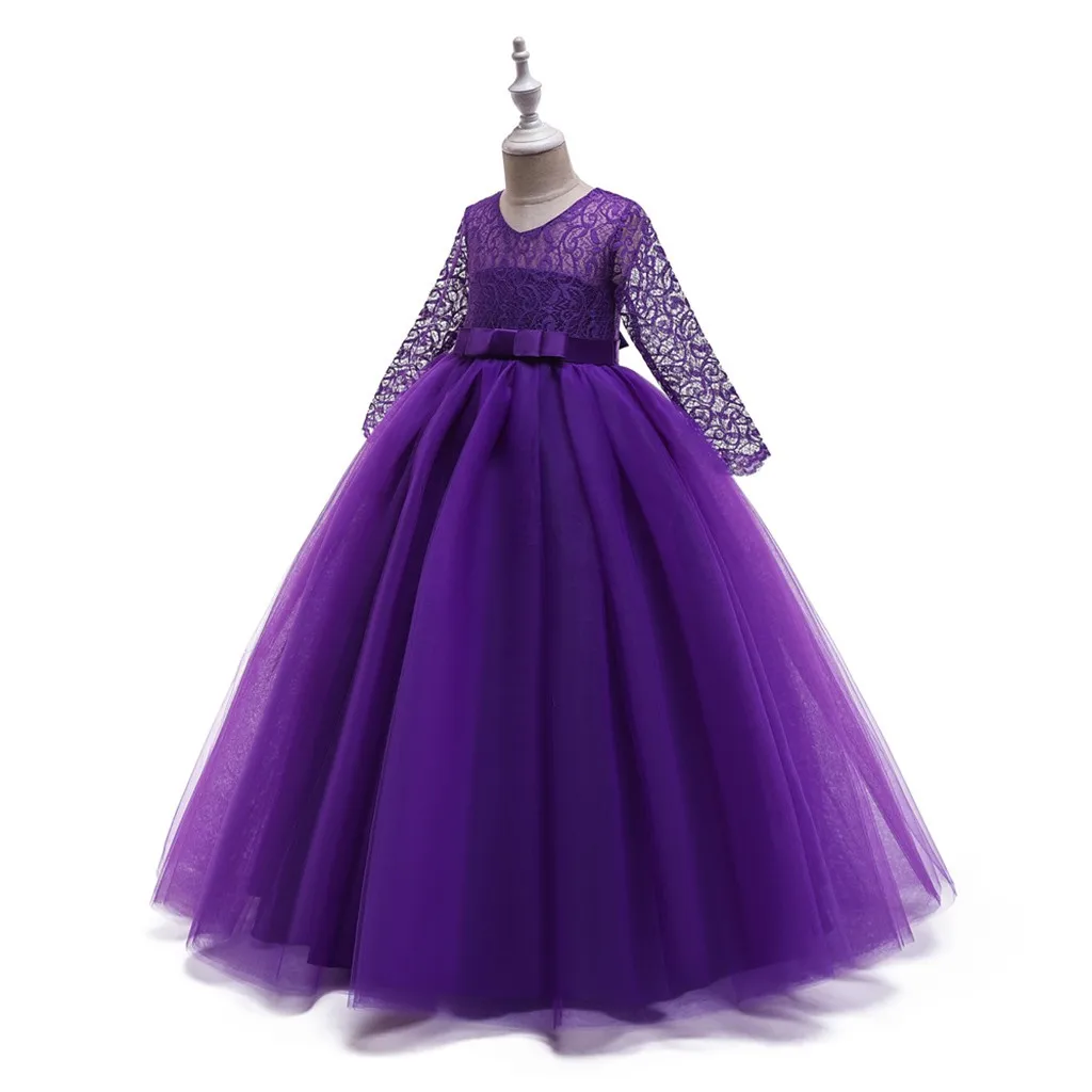 Кружевные вечерние платья для девочек с короткими рукавами и цветочным принтом; торжественное платье принцессы из тюля; детское платье для выступлений; vestido infantil - Цвет: Purple