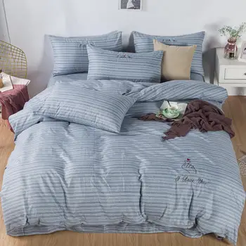 

Dyed Bedding Set Thicken Embroidery Bed Set Queen Size Bed Sheet stripes Duvet Cover Set pillowcases Light blue Bed Linen