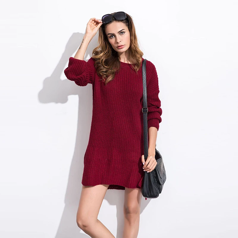 

Casual Loose Knitted Winter Dress Women 2019 Wine Long Sleeve O-Neck Split Mini Vestidos Warm Dresses Female