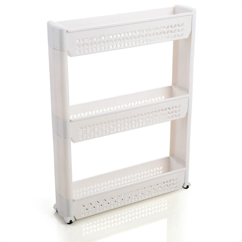 

1/Pc Gap Storage Shelf Kitchen Storage Rack Shelf Slim Slide Tower Movable Assemble Plastic Bathroom Shelf Wheels Space 3 Layers