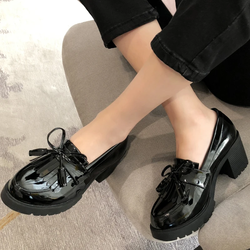 Zapatos planos de plataforma con tacón grueso para mocasines Oxford con borlas, de cuero japonés, para estudiantes universitarios - AliExpress Calzado