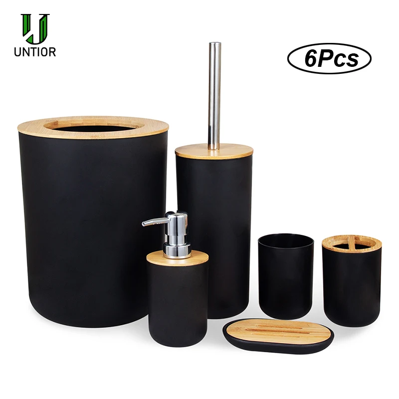 UNTIOR 6Pcs Bathroom Accessories Set Bamboo Bathroom Kit Toothbrush Holder Soap Dispenser Toilet Brush Trash Can Bathroom Set