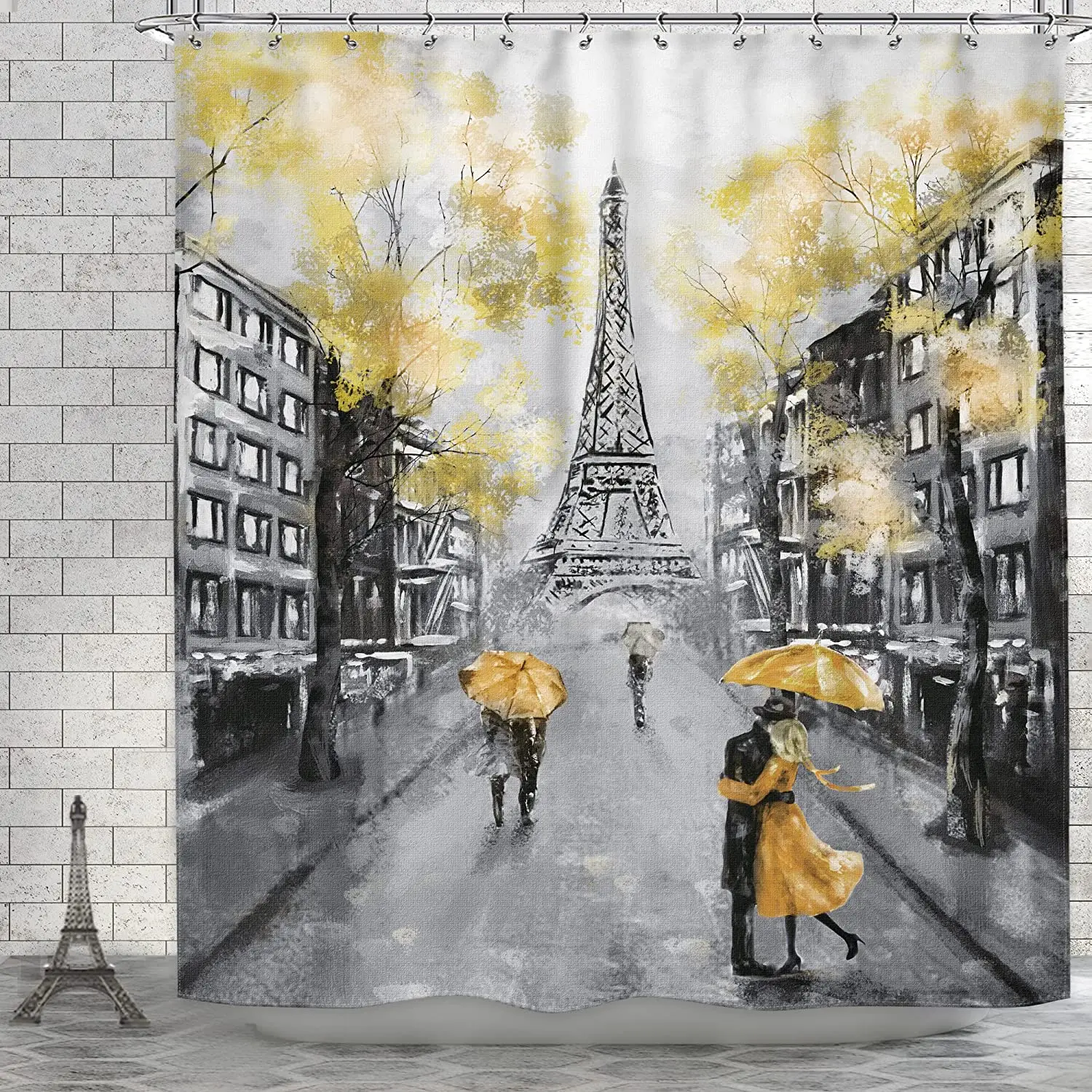 

Занавеска для душа, картина маслом, пейзаж Парижа, Европейского города, Франция, Эйфелева башня, Современная парная черная, желтая, дерево, декор для ванной комнаты