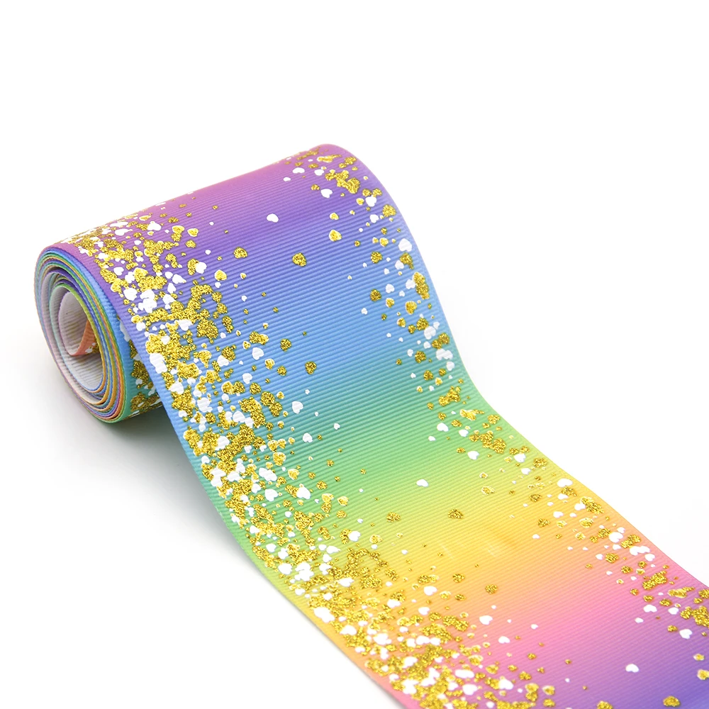 David accessories 50yard/roll 3" 75mm Glitter Rainbow Grosgrain Ribbon DIY Bow Crafts Material Home Wedding Decoration,50Yc7433