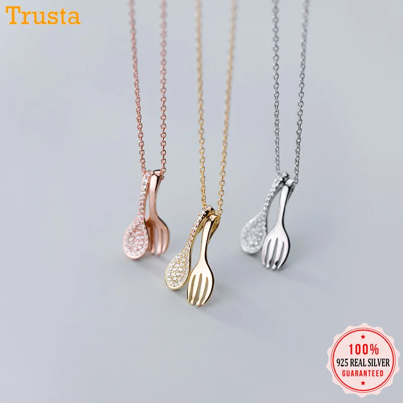 Trustdavis 925 Sterling Silver Sweet Dazzling CZ Spoon Fork Pendant Short Necklace For Women Fashion Jewelry DA424 | Украшения и