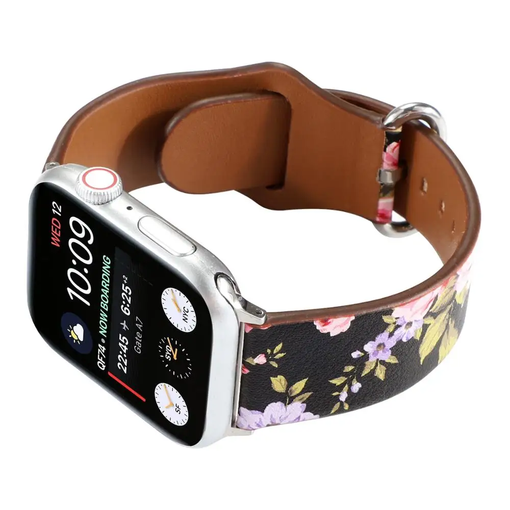Цветочный кожаный ремешок для apple watch, ремешок 42/44/38/40 мм Браслет замена спортивный женский браслет для наручных часов iWatch серии 5 4 3 2 1