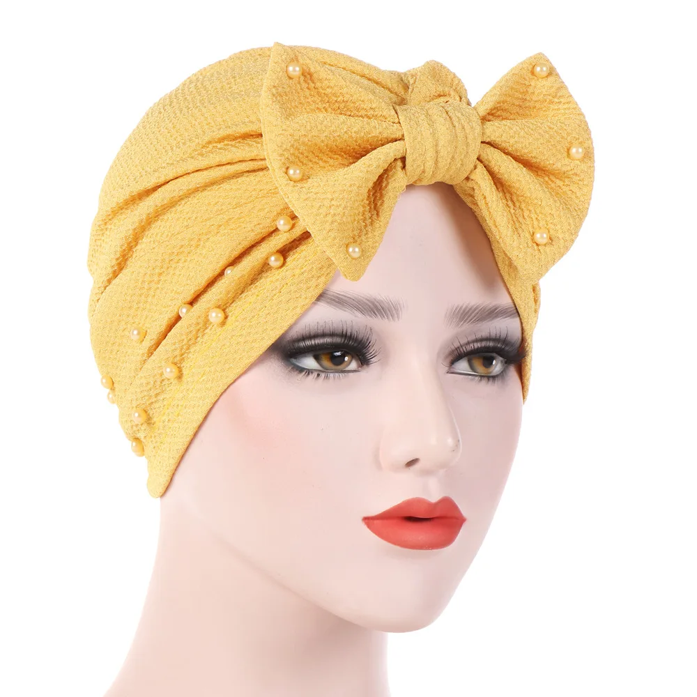

AliExpress Spring And Autumn Europe And America Foreign Trade India Turban Hat Deconstructable Bow Nail Pearl Muslim Solid Color