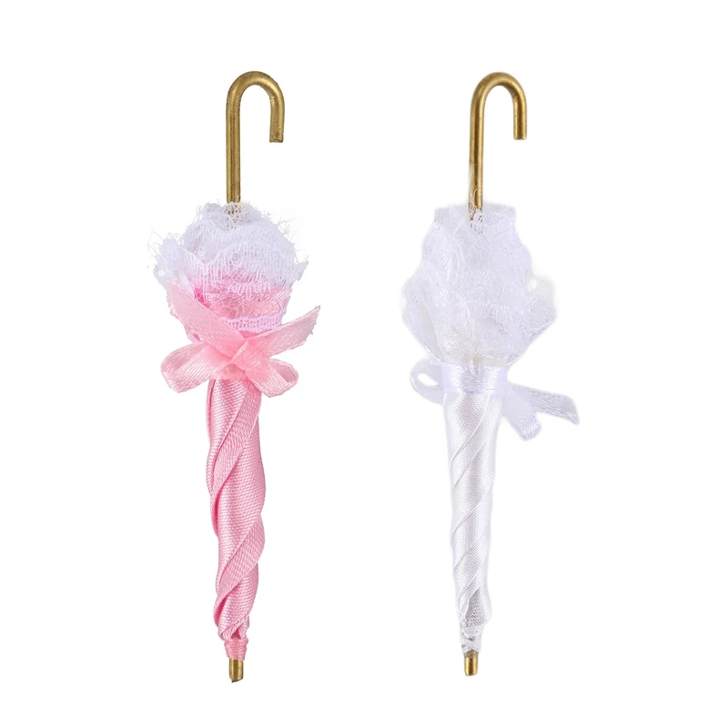 

Hot-2 Pcs 1/12 Dollhouse Miniature Royal Lady Lace Umbrella Decoration Doll House Accessories Pretty Fine, Pink & White