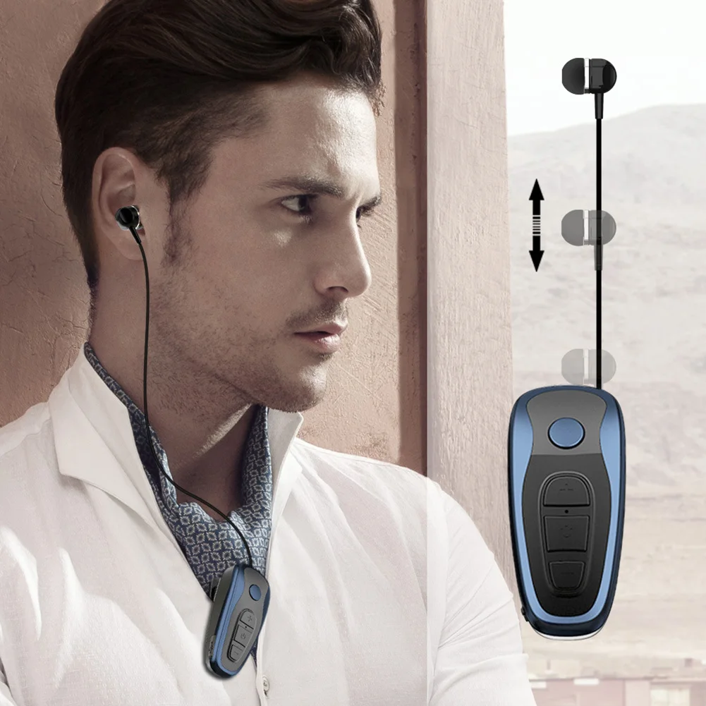 Online Q7 inalámbrico conveniente Bluetooth 4,1 auriculares estéreo Informe de voz en la oreja retráctil Cable de negocios cuello Clip diseño