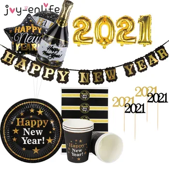 

69pcs/lot New Year 2021 Decorations 2021 Balloons Happy New Year Banner Cups Plates set New Year Eve Party Favors Christmas Noel