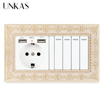 

UNKAS 4D Zinc Alloy Metal Panel EU Socket Dual USB Port Soft LED + 4 Gang 1 / 2 Way On / Off Light Switch Embossing Retro Frame