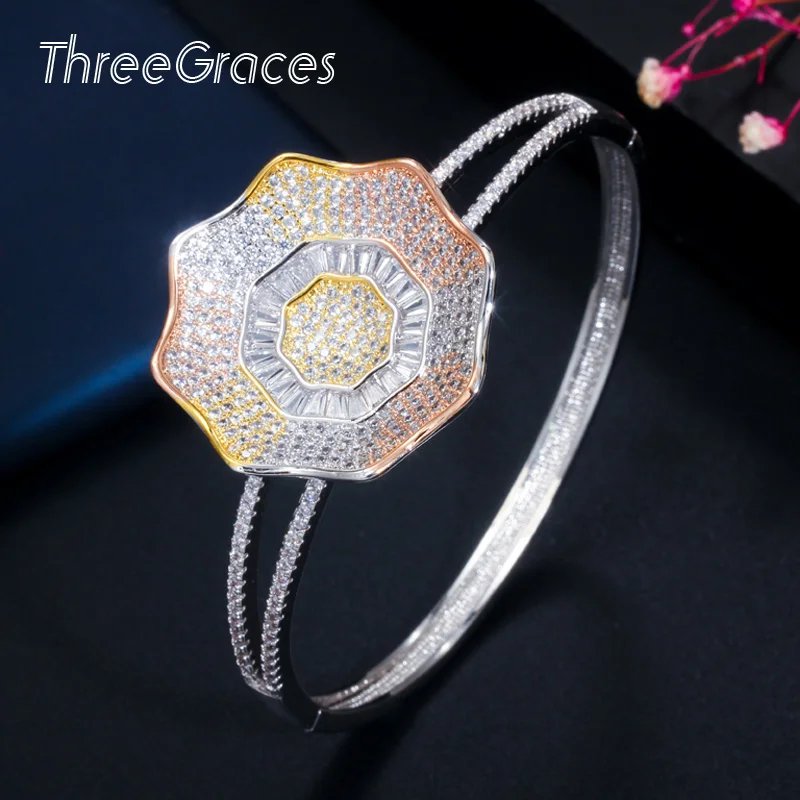 

Threegraces Delicate Micro Pave 3 Tone Gold Cubic Zirconia Big Wide Flower Cuff Bangle Bacelets for Women Wedding Party BA040