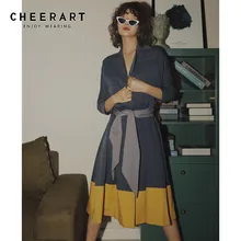 CHEERART синее лоскутное желтое длинное платье-рубашка с длинным рукавом на шнуровке миди платье с цветными блоками осенние платья для женщин одежда