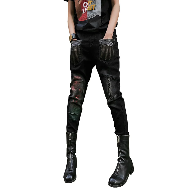 Модные весенне-осенние джинсы женские уличные стиль сетчатый карман черные джинсовые брюки женский эластичный пояс повседневные шаровары G578