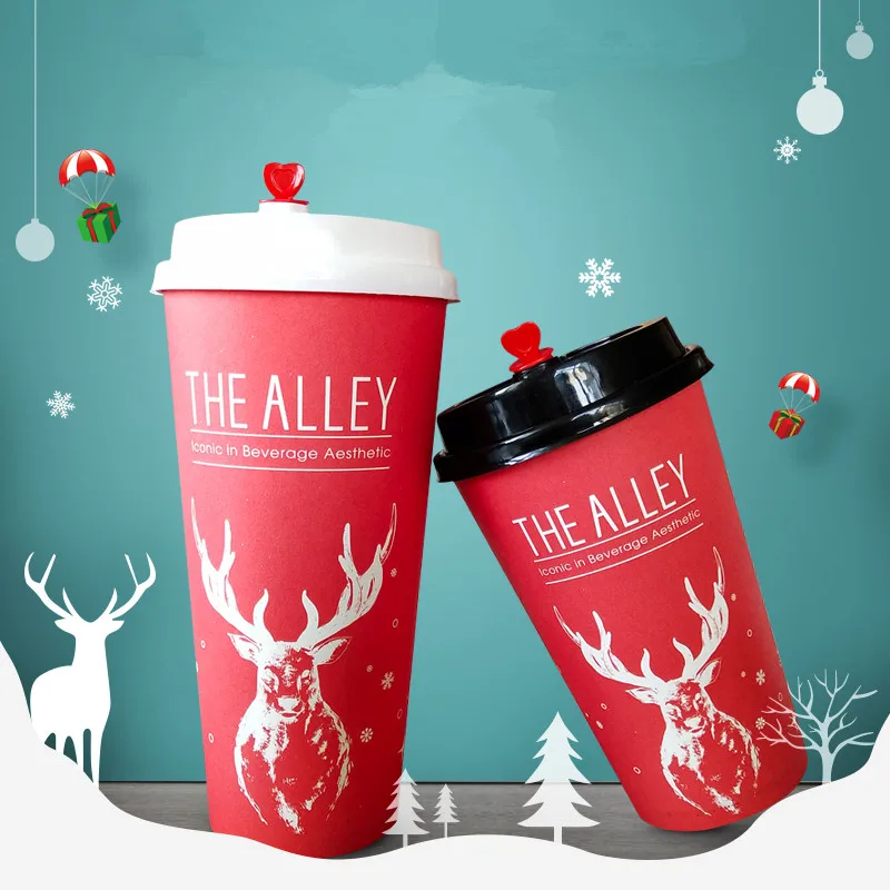 

500pcs Red Christmas Deer Pattern Milk Tea Hot Drink Thick Anti-scalding Paper Cup 500ml Disposable Coffee Cup With Lid