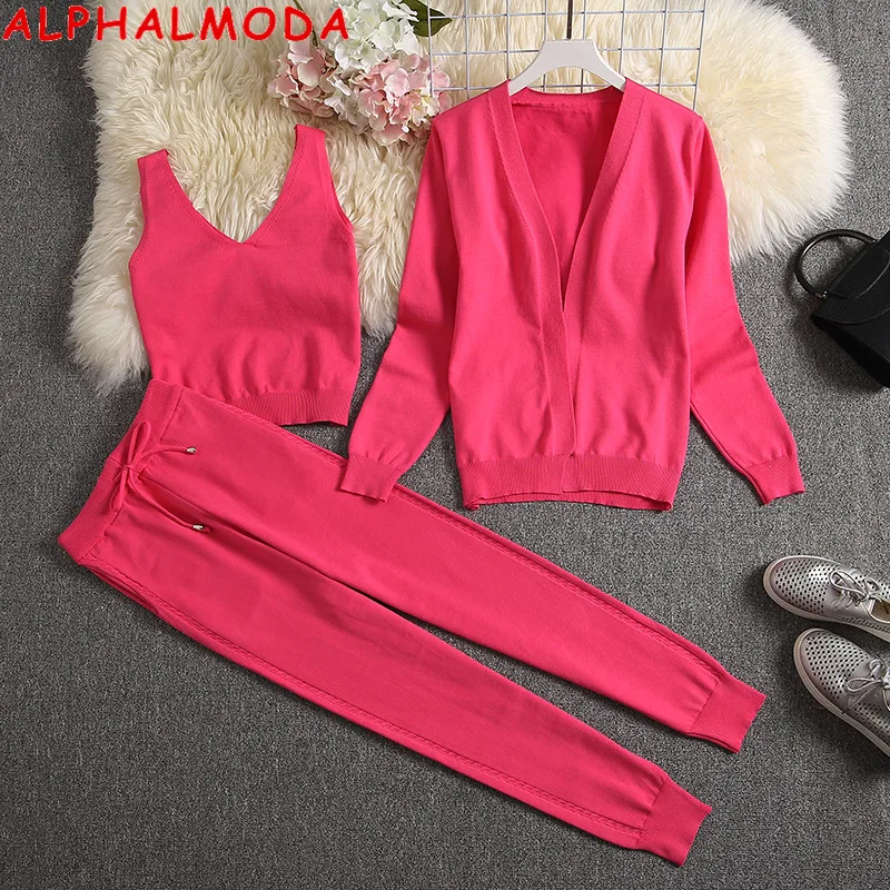 Женский вязаный комплект ALPHALMODA из 3 предметов длинный кардиган + жилет штаны