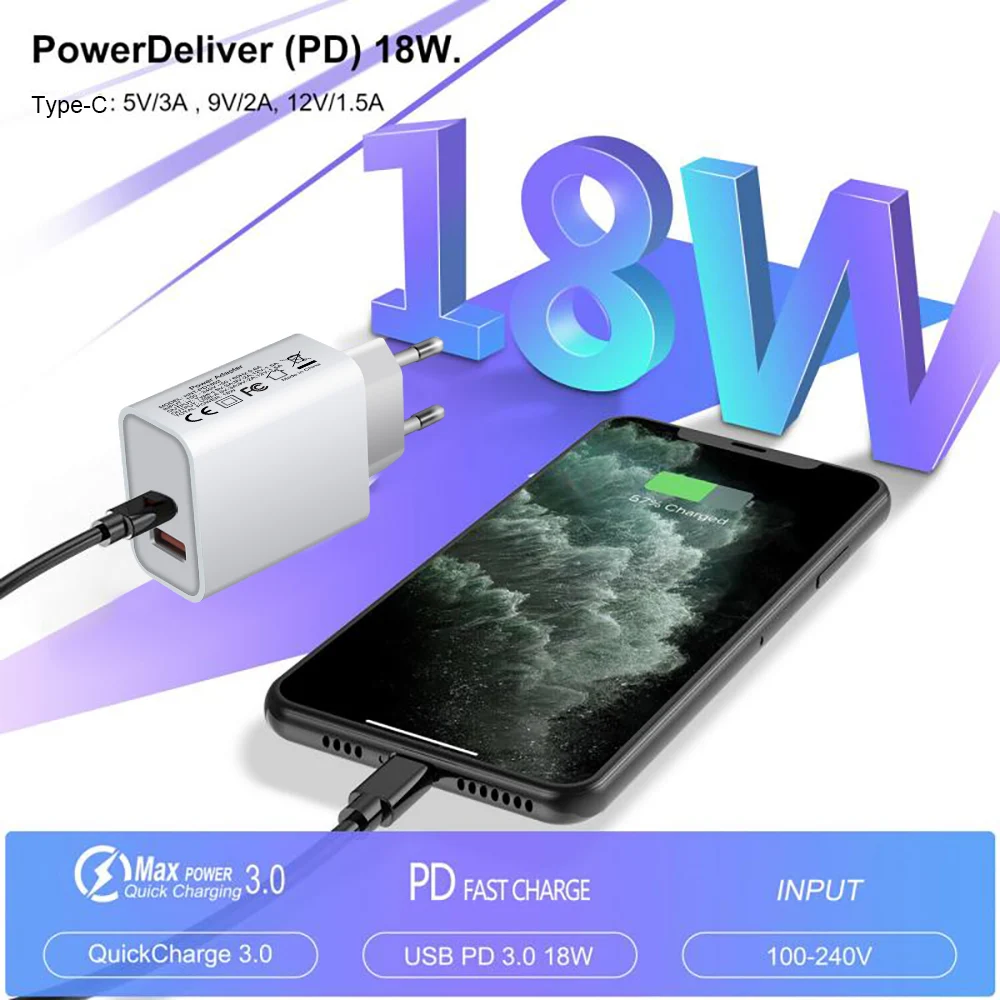 18 Вт USB Type C зарядное устройство адаптер для iPhone 12 11 Pro XS Max XR X 8 iPad Air PD Быстрая