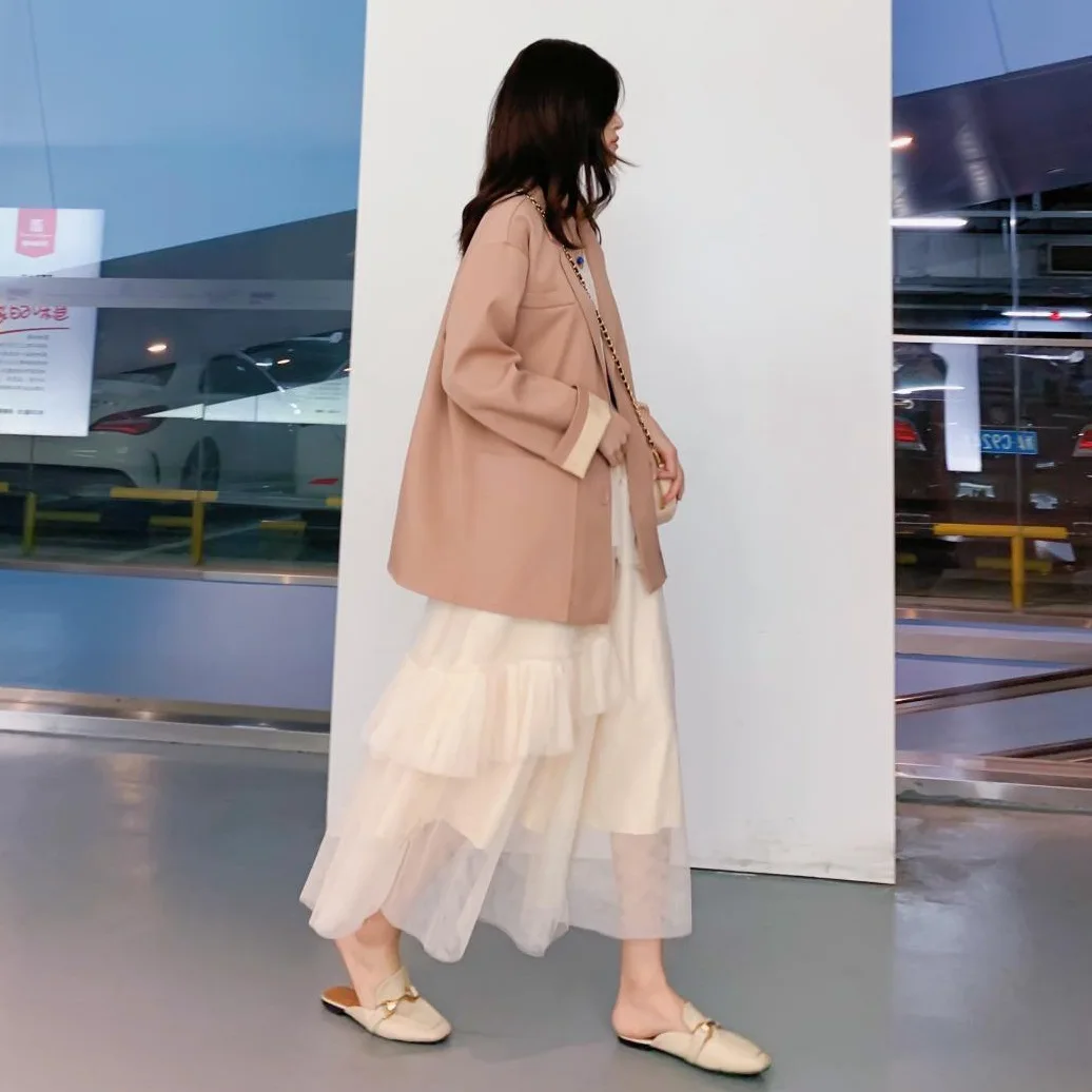 

Photo Shoot CHIC Elegant Ol Milk Orange Mid-length Loose-Fit Suit Collar Single Breasted BF Versatile Suit Coat Women's