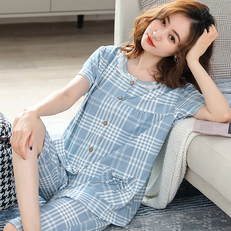 

Newest Women Pajamas Set M-4XL Women Clothing Calf-Length Pants Homewear Summer 2 Piece Set Sleeping Shirt Home Wear