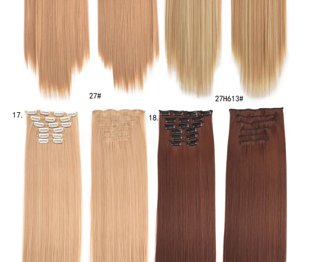 Grampo em Extensões do Cabelo Clipes em Falsos Resistente ao Calor do Cabelo Sintético em Linha Peruca 140g 16 Styling Reta 6 Pçs - Set 24 8 High Quality Apliques e perucas
