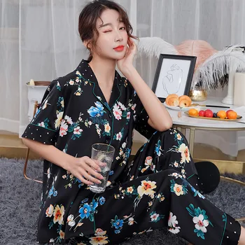 

Women's Pajamas Suits Top and Pants Pajama Sets Short Sleeve Summer Satin Print Pajamas Home Suit Female Pajama Sleepwear