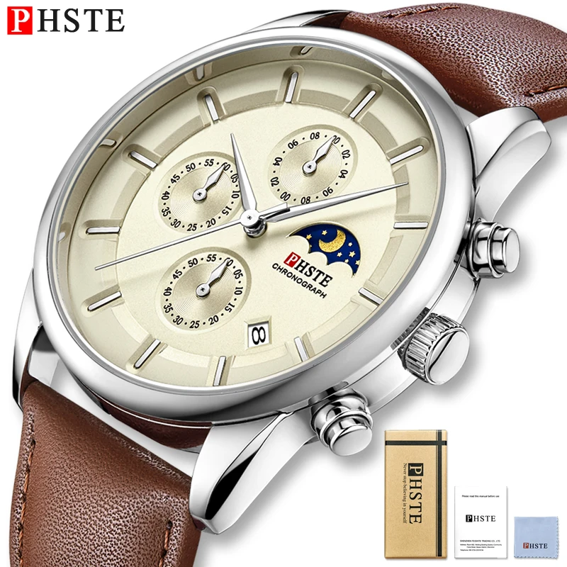 PHSTE бренд Для мужчин часы кварцевые с хронографом для солнце и лунной фазой Водонепроницаемый из