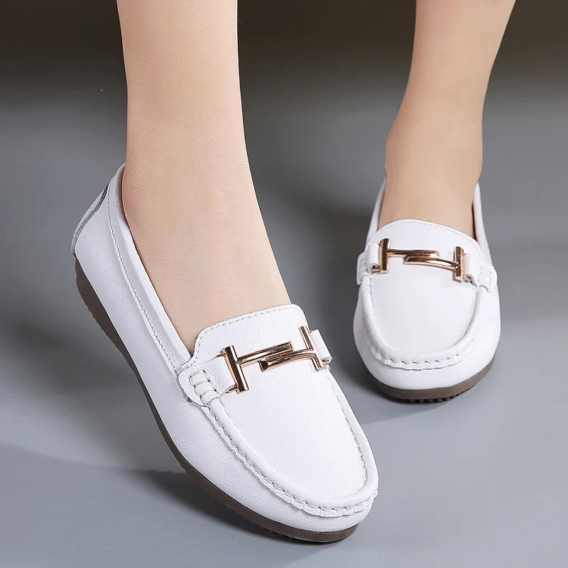 

2020 Spring New Style WOMEN'S Shoes Genuine Leather Moccosins Korean-style Metal Foot Covering Mom White Shoes