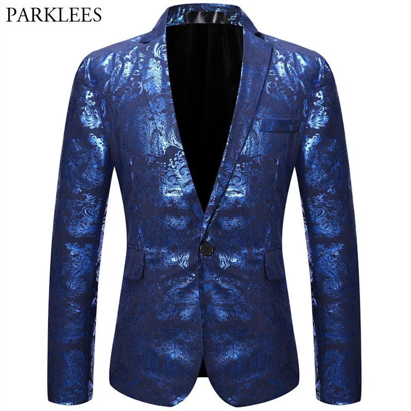 

Men Shiny Blue Jacquard Blazer Nightclub Party Men Blazers Jacket Performance Stage Men Clothing Dance Singer Mens Suit Jackets