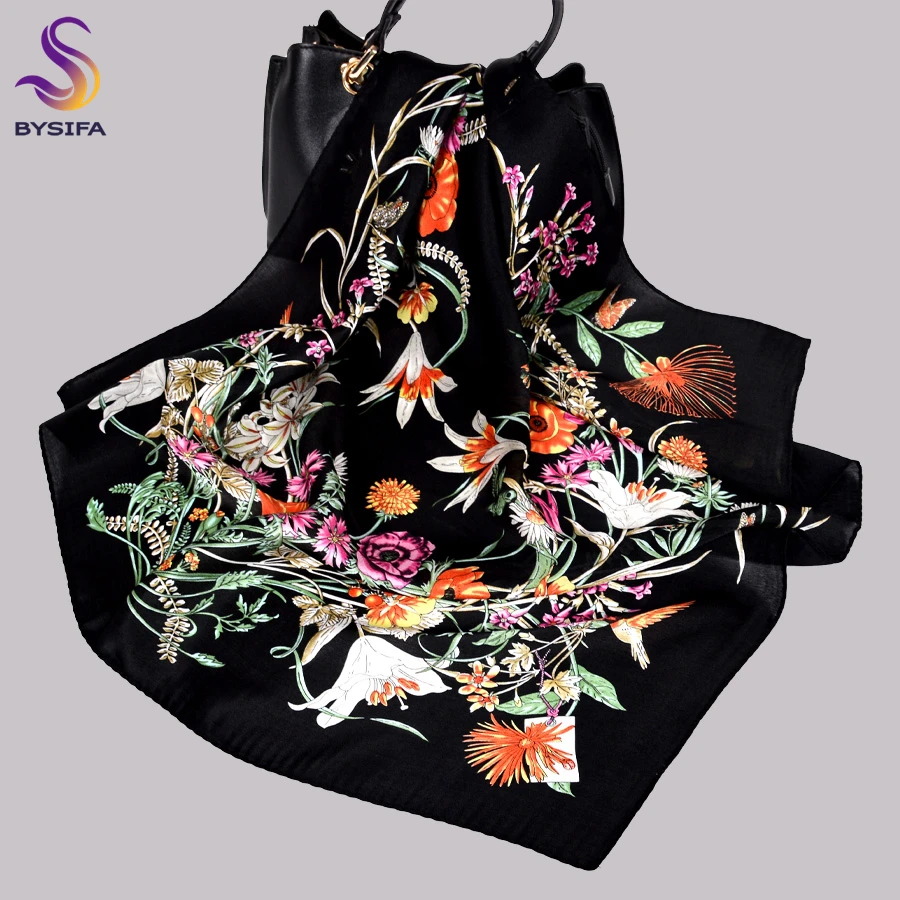 

BYSIFA|Black New Silk Scarf Women Fashion Elegant Flower Design 100% Pure Silk Square Scarves Bufandas 70*70cm Neck Scarf Hijab