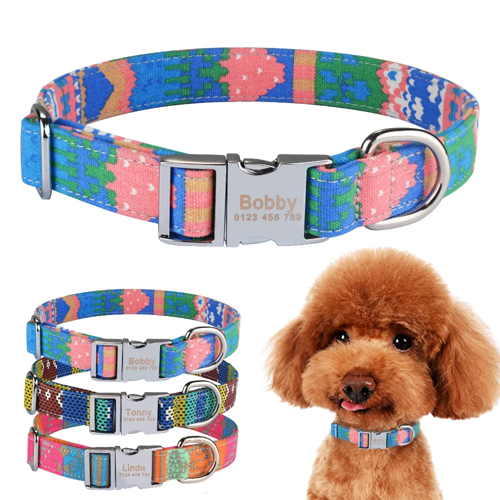 Fabric Dog Collar Personalized Custom Engraved Puppy Name Adjustable Pet S M L | Дом и сад