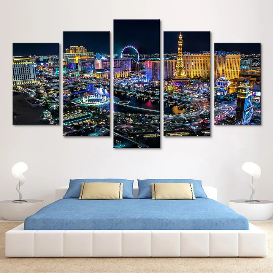 Home Decorative Poster Modern Artwork 5 Pieces Las Vegas City Landscape Paintings Canvas HD Prints Modular Pictures Wall Art |