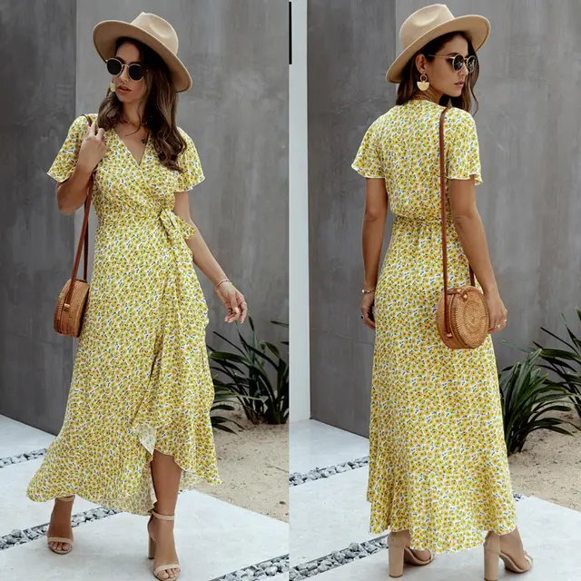 Summer Maxi Dress Women Polka Dot Sexy V Neck Ruffles Short Sleeve Holiday Long Beach Sundress