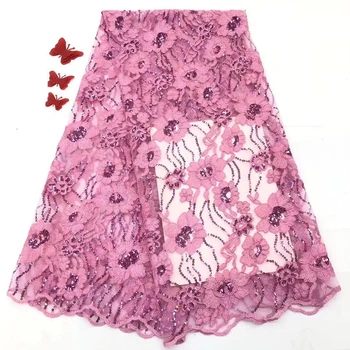 

Pink 2019 African lace fabric high quality lace French Nigeria sequin mesh gauze lace fabric clothes FJ3450