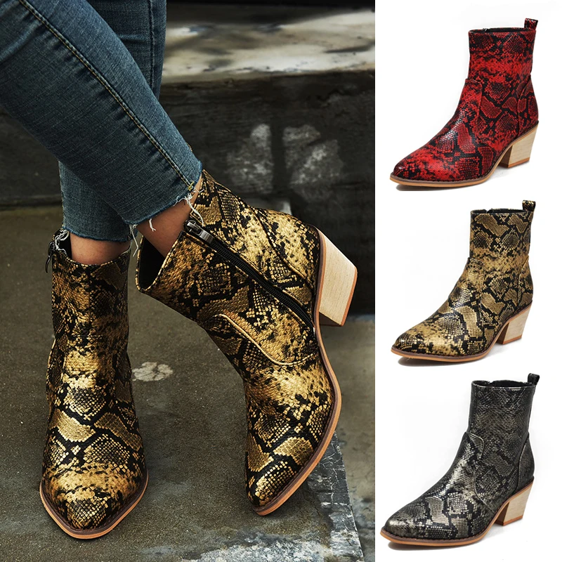 

2019 Winter New Women's Leather Boots Fashion Wild Sexy Snake Leopard Ankle Boots For Woman Mid-heeled Winter Shoes