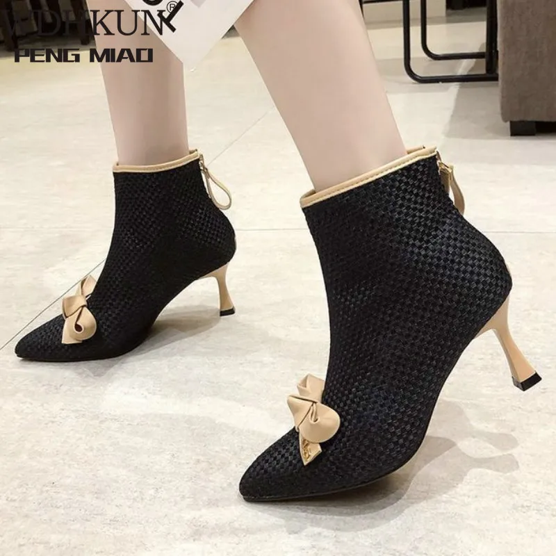 Boots Female Women Shoes 2020 Autumn Stiletto High Heel Plush Pointed Toe Bow Rhinestone Fashion Sexy Zipper Leather Ankle Boots