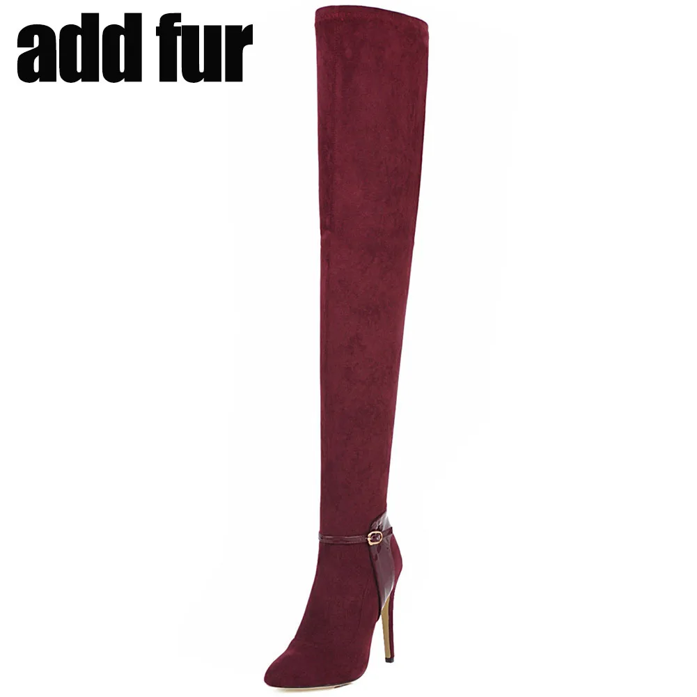 RIBETRINI/модные женские сапоги выше колена из флока; обувь на тонком высоком каблуке; женские ботинки с острым носком; большие размеры 33-46 - Цвет: wine red add fur