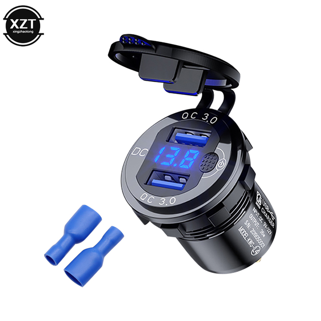 24V 18W Aluminum Waterproof Dual QC3.0 USB Fast Charger Power Outlet with LED Voltmeter ON OFF Switch for Car Marine Truck