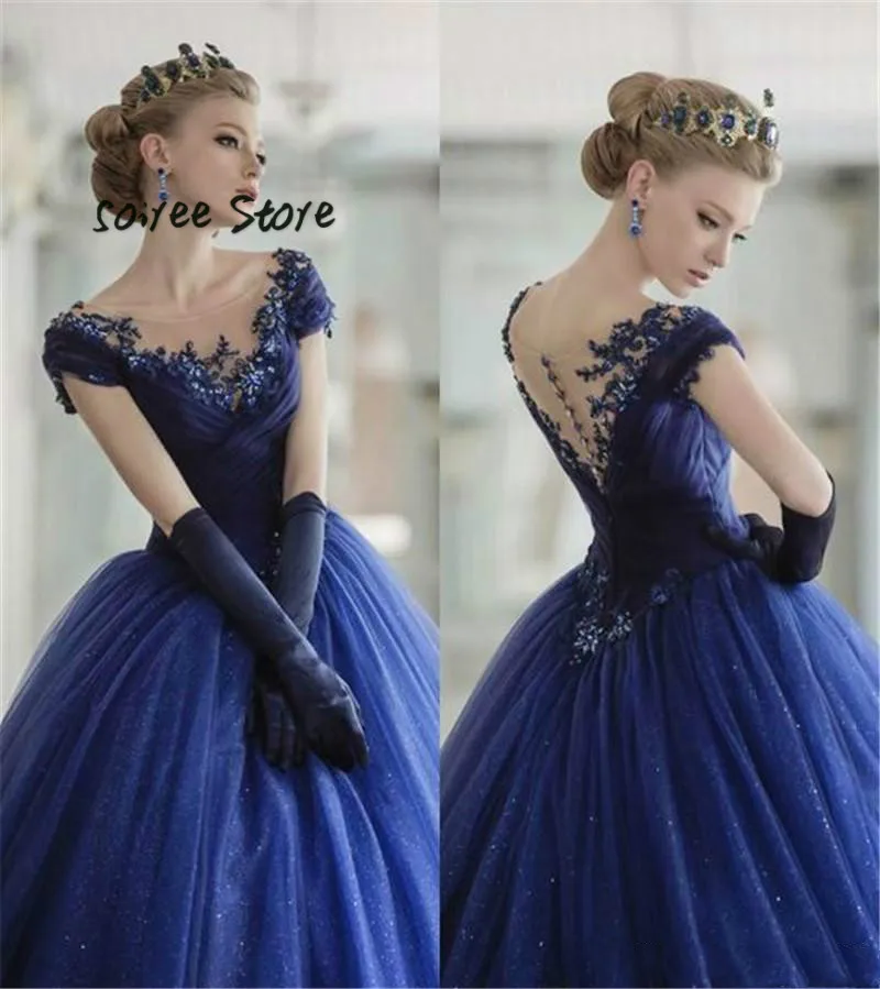 

Shinning Blue Arabic Evening Dress Short Sleeves Princess Long Prom Dresses Button Back Beaded Formal Party Gowns 2019 Vestido